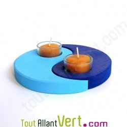 Support de bougies en bois bleu + 2 bougies dans un verre