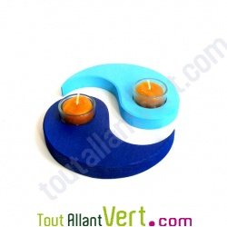 Support de bougies en bois bleu + 2 bougies dans un verre