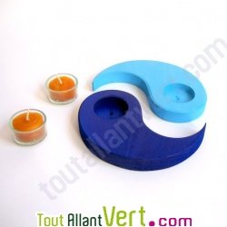 Support de bougies en bois bleu + 2 bougies dans un verre