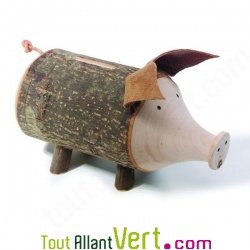 Tirelire cochon en bois et �corce de bois
