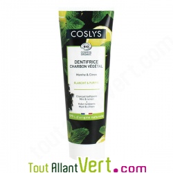 Dentifrice au Charbon V�g�tal, Menthe et Citron Bio, Coslys, 100g
