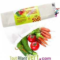 5 Sacs en coton bio pour transporter et conserver fruits et l�gumes, 35cm