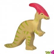 Parasaurolophus en bois, dinosaure blanc et rouge 14 cm